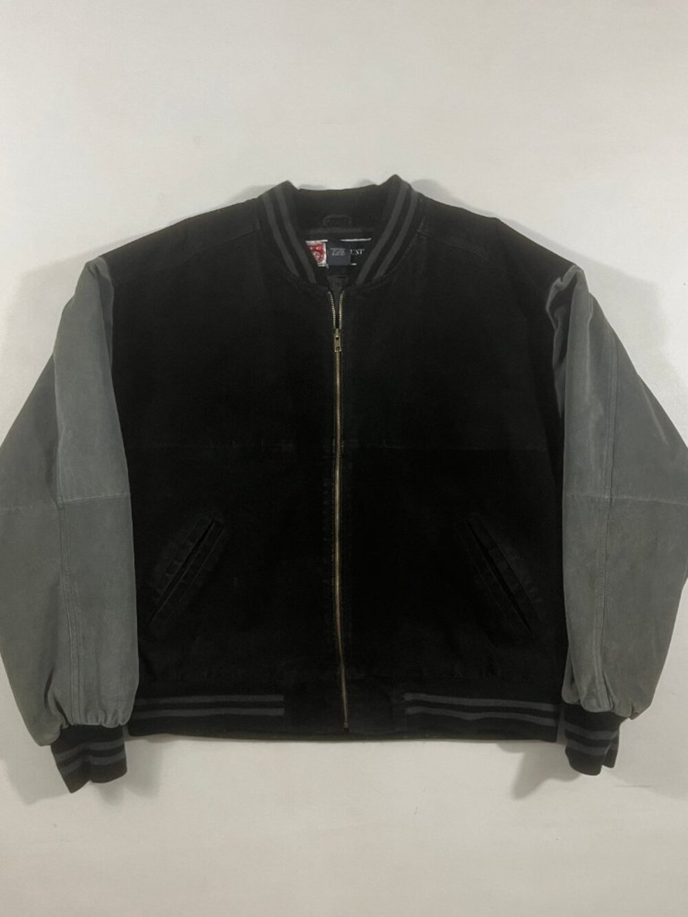 Vintage Free Country Black Gray Suede Leather Varsity Bomber Jacket 2XL